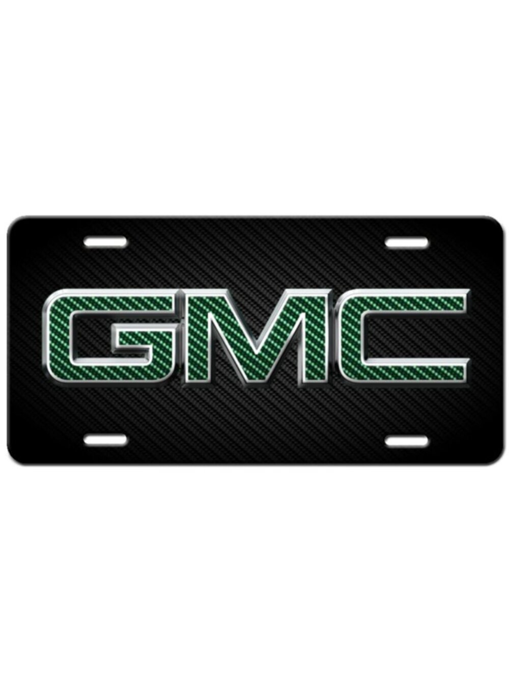 Green and Silver GMC Logo on Black Carbon Fiber Look Aluminum License Plate Tag